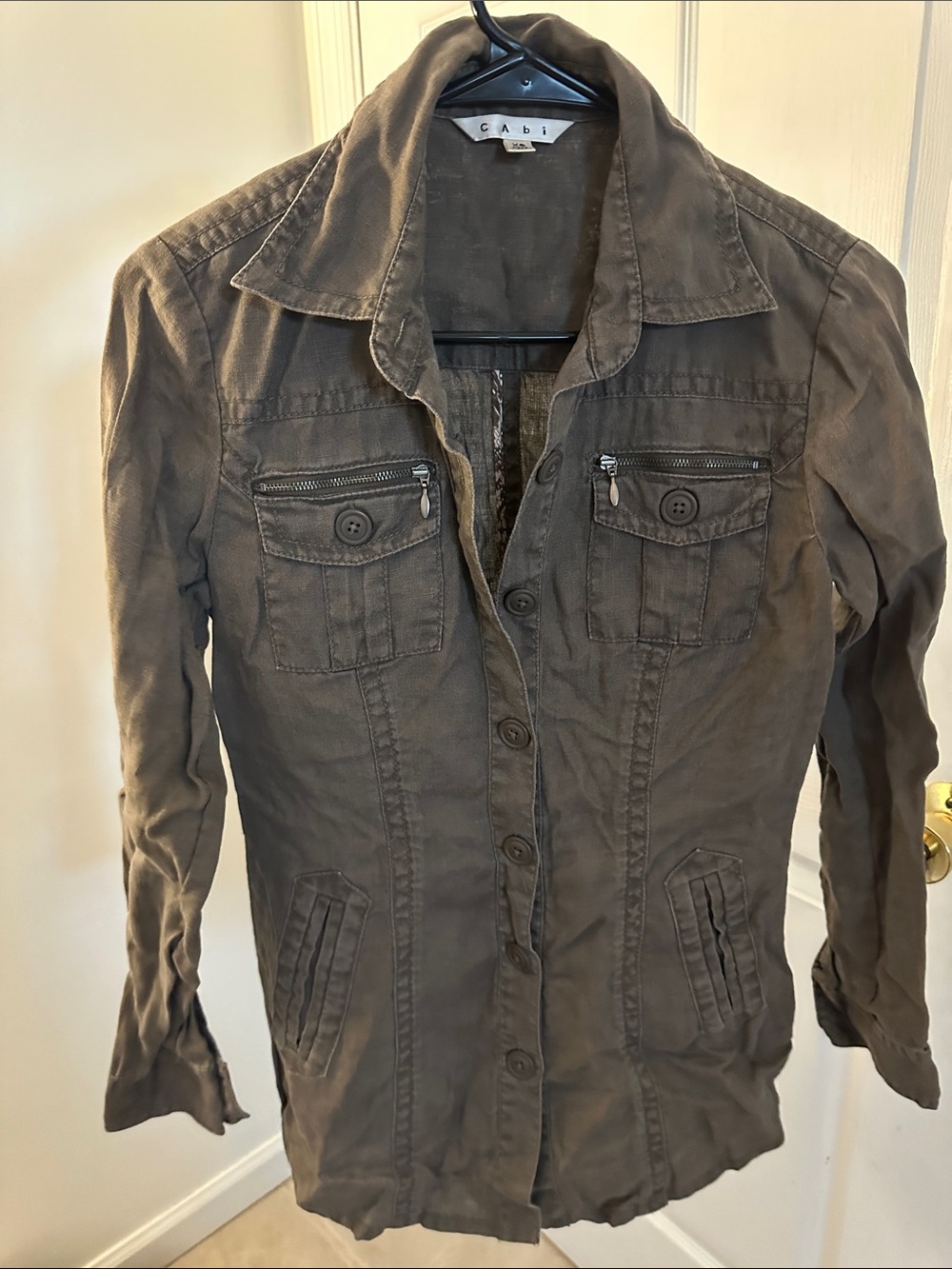 CAbi Olive-Green Utility Jacket with Zip Chest Pockets